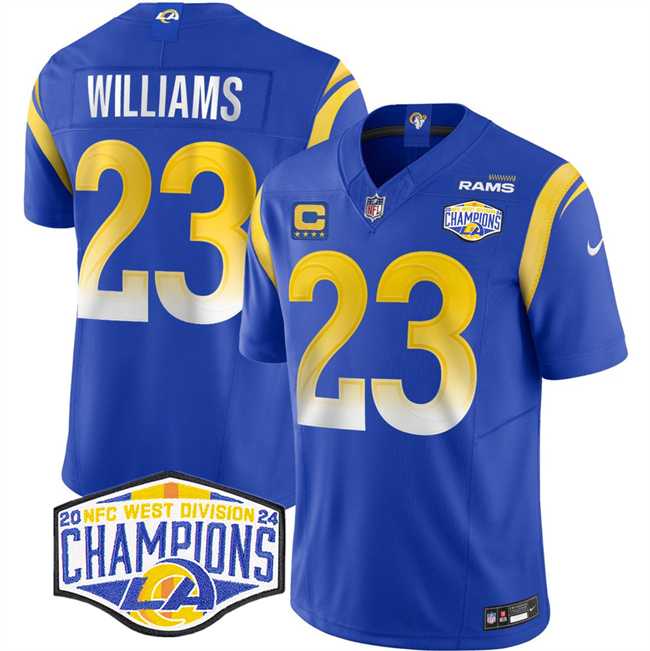 Mens Los Angeles Rams #23 Kyren Williams Blue 2024 NFC West Champions With 4-Star C Patch F.U.S.E. Vapor Untouchable Stitched Jersey